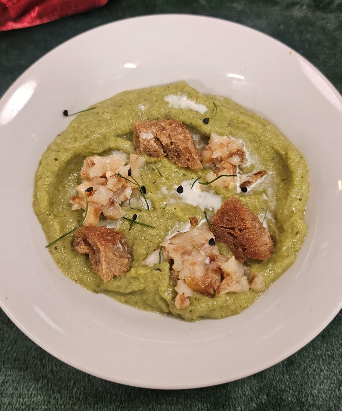 Cream broccolini with sourdough croutons and Roasted garlic