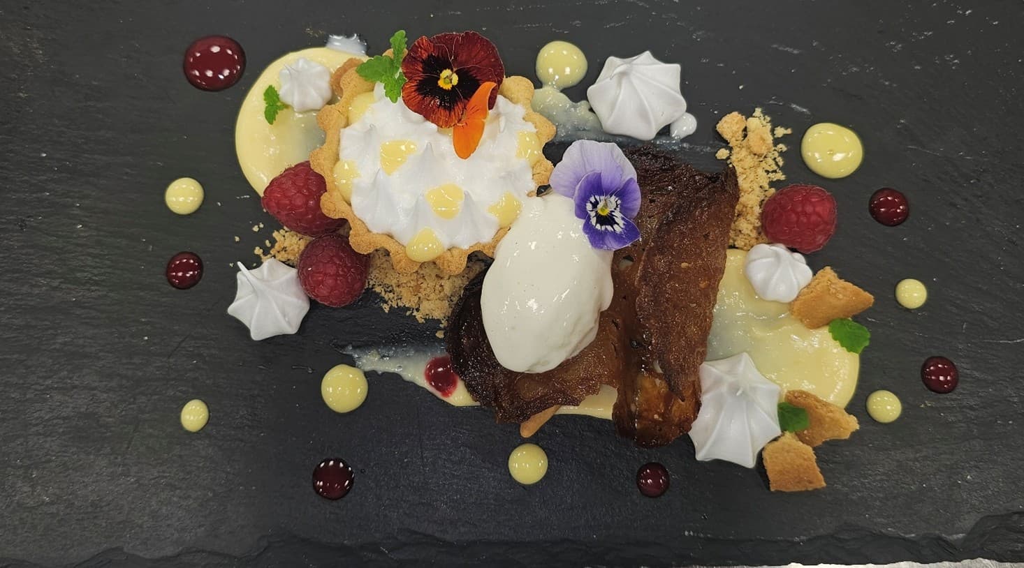 Lemon tart with yogurt sorbet, lemon curd, raspberry gel, shortbread crumble, honeycomb and Brandy snap biscuit.