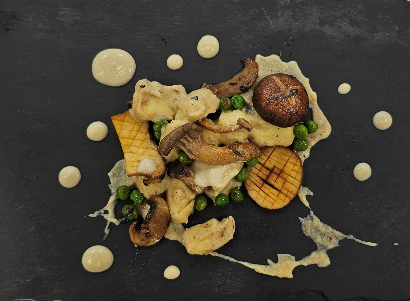 Mushroom tarragon gnocchi with wild mushrooms and artichoke split sauce.